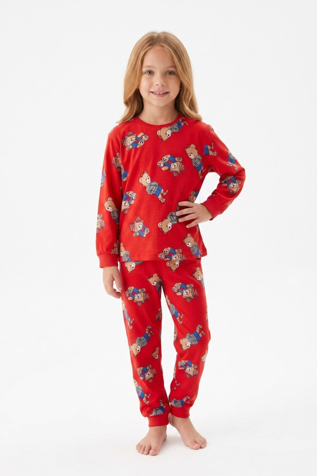 Erkek Çocuk Sevimli Ayıcık Desenli %100 Pamuk Reaktif Boyama Süprem Kumaş Uzun Kollu Pijama Takımı