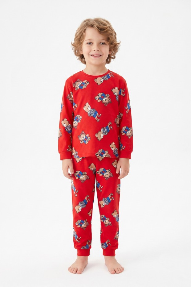 Erkek Çocuk Sevimli Ayıcık Desenli %100 Pamuk Reaktif Boyama Süprem Kumaş Uzun Kollu Pijama Takımı