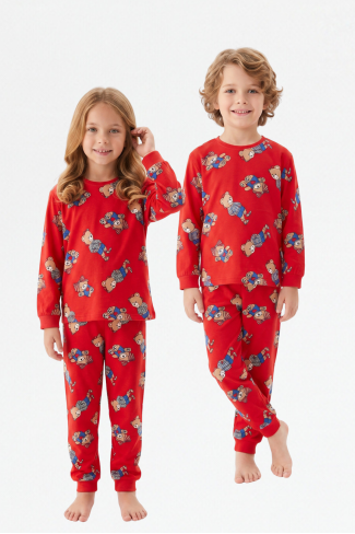 Erkek Çocuk Sevimli Ayıcık Desenli %100 Pamuk Reaktif Boyama Süprem Kumaş Uzun Kollu Pijama Takımı