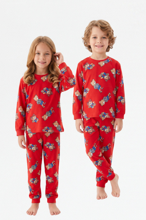 Erkek Çocuk Sevimli Ayıcık Desenli %100 Pamuk Reaktif Boyama Süprem Kumaş Uzun Kollu Pijama Takımı