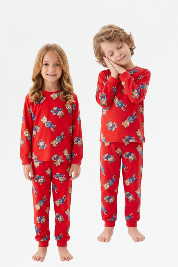 Erkek Çocuk Sevimli Ayıcık Desenli %100 Pamuk Reaktif Boyama Süprem Kumaş Uzun Kollu Pijama Takımı