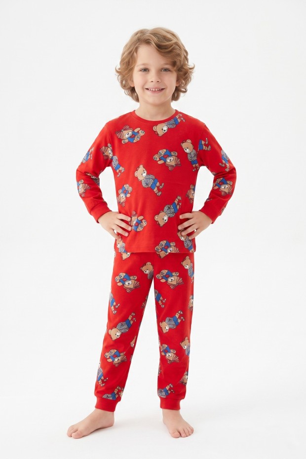 Erkek Çocuk Sevimli Ayıcık Desenli %100 Pamuk Reaktif Boyama Süprem Kumaş Uzun Kollu Pijama Takımı