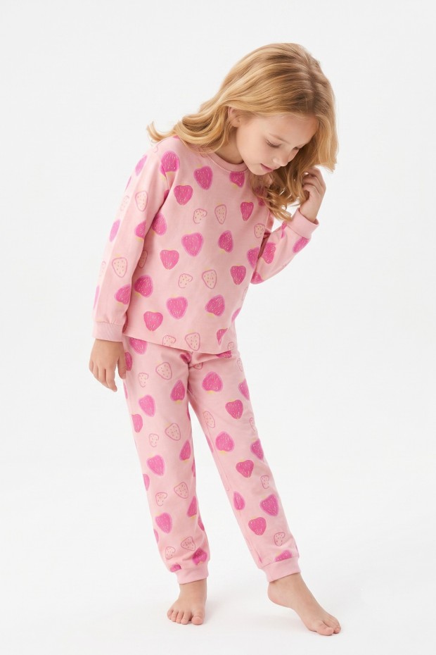 Kız Çocuk Kalp Baskılı %100 Pamuk Süprem Kumaş Reaktif Boyama Uzun Kollu Pijama Takımı