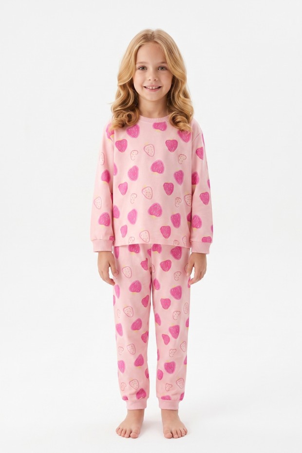Kız Çocuk Kalp Baskılı %100 Pamuk Süprem Kumaş Reaktif Boyama Uzun Kollu Pijama Takımı