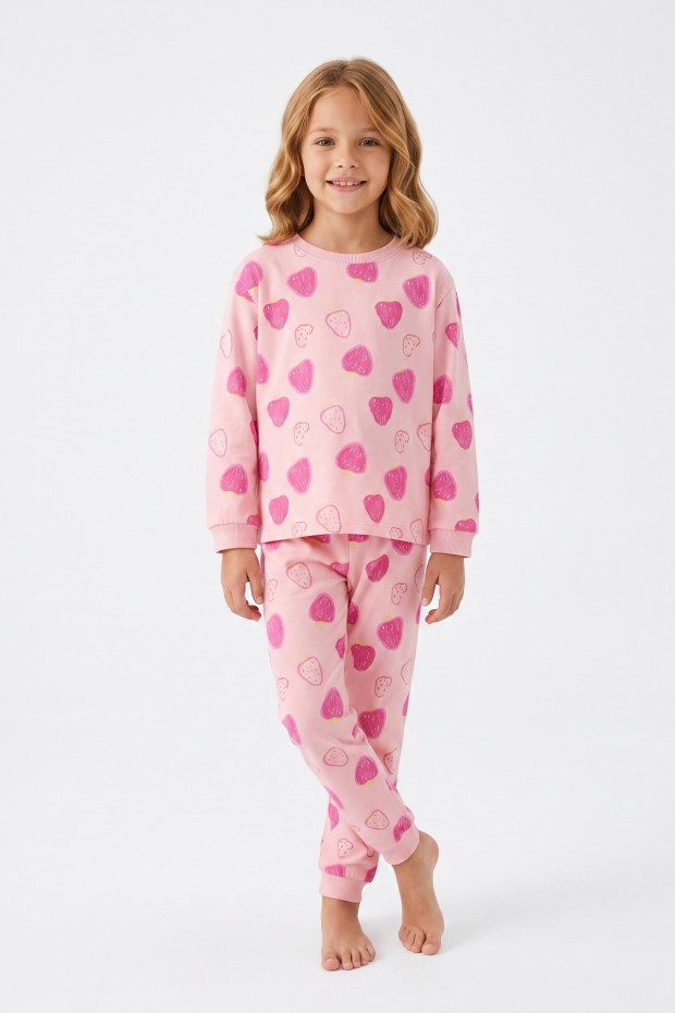 Kız Çocuk Kalp Baskılı %100 Pamuk Süprem Kumaş Reaktif Boyama Uzun Kollu Pijama Takımı
