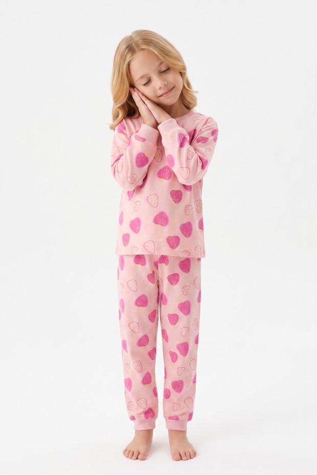 Kız Çocuk Kalp Baskılı %100 Pamuk Süprem Kumaş Reaktif Boyama Uzun Kollu Pijama Takımı