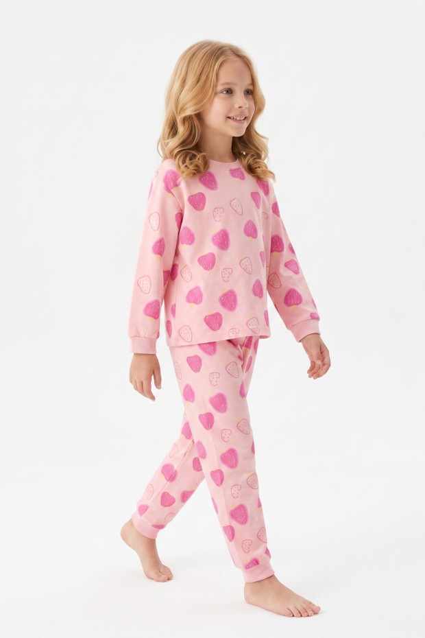Kız Çocuk Kalp Baskılı %100 Pamuk Süprem Kumaş Reaktif Boyama Uzun Kollu Pijama Takımı