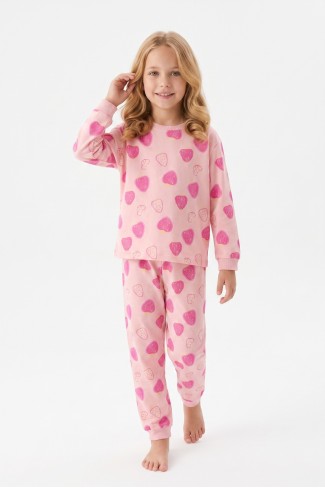 Kız Çocuk Kalp Baskılı %100 Pamuk Süprem Kumaş Reaktif Boyama Uzun Kollu Pijama Takımı