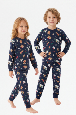 Erkek Çocuk Kurabiye ve Noel Baba Desenli  %100 Pamuk Reaktif Boyama Süprem Kumaş Uzun Kollu Pijama Takımı