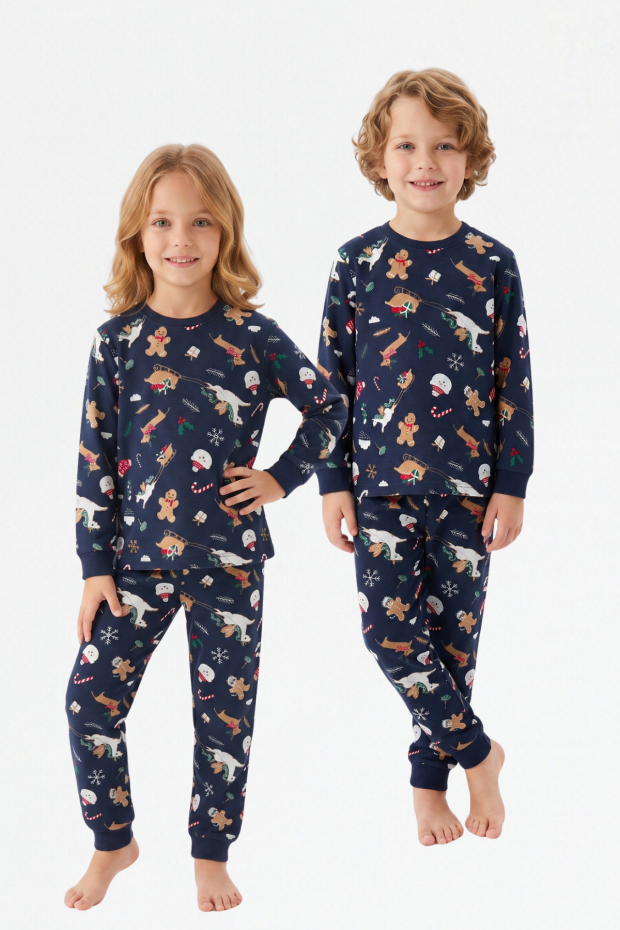 Erkek Çocuk Kurabiye ve Noel Baba Desenli  %100 Pamuk Reaktif Boyama Süprem Kumaş Uzun Kollu Pijama Takımı