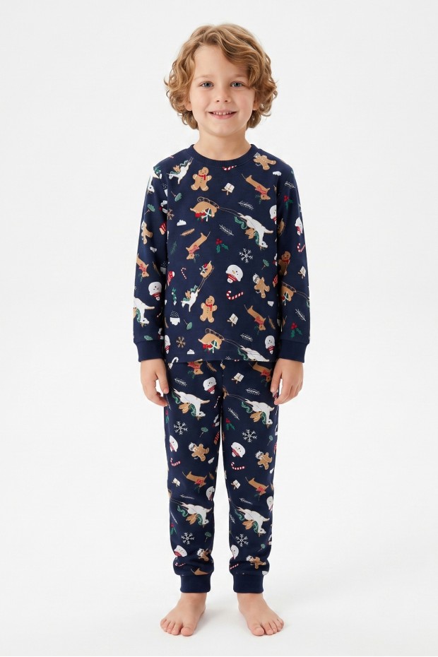 Erkek Çocuk Kurabiye ve Noel Baba Desenli  %100 Pamuk Reaktif Boyama Süprem Kumaş Uzun Kollu Pijama Takımı