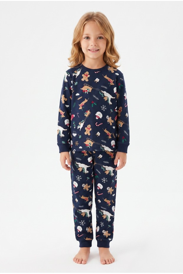 Erkek Çocuk Kurabiye ve Noel Baba Desenli  %100 Pamuk Reaktif Boyama Süprem Kumaş Uzun Kollu Pijama Takımı