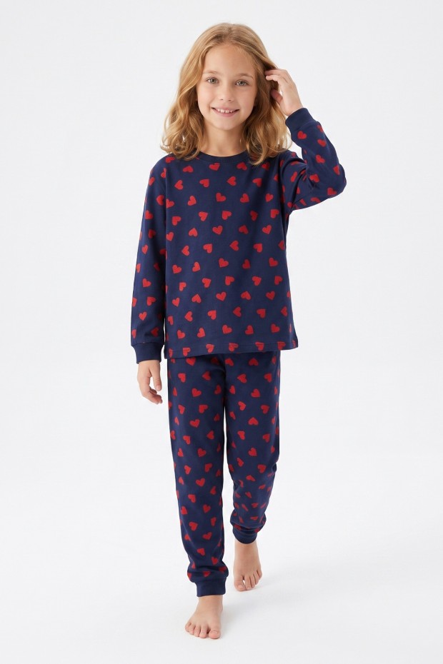 Kız Çocuk Kalp Baskılı %100 Pamuk Süprem Kumaş Reaktif Boyama Uzun Kollu Pijama Takımı