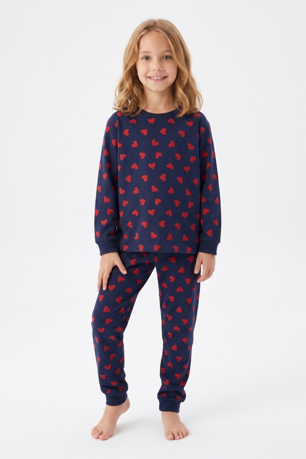 Kız Çocuk Kalp Baskılı %100 Pamuk Süprem Kumaş Reaktif Boyama Uzun Kollu Pijama Takımı