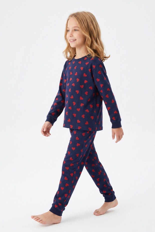 Kız Çocuk Kalp Baskılı %100 Pamuk Süprem Kumaş Reaktif Boyama Uzun Kollu Pijama Takımı