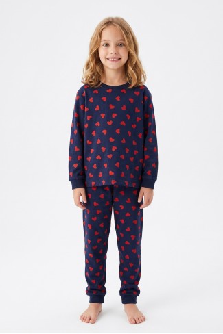 Kız Çocuk Kalp Baskılı %100 Pamuk Süprem Kumaş Reaktif Boyama Uzun Kollu Pijama Takımı