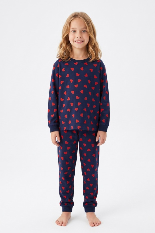 Kız Çocuk Kalp Baskılı %100 Pamuk Süprem Kumaş Reaktif Boyama Uzun Kollu Pijama Takımı