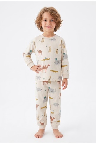 Erkek Çocuk Hayvan Baskılı %100 Pamuk Süprem Kumaş Reaktif Boyama Uzun Kollu Pijama Takımı