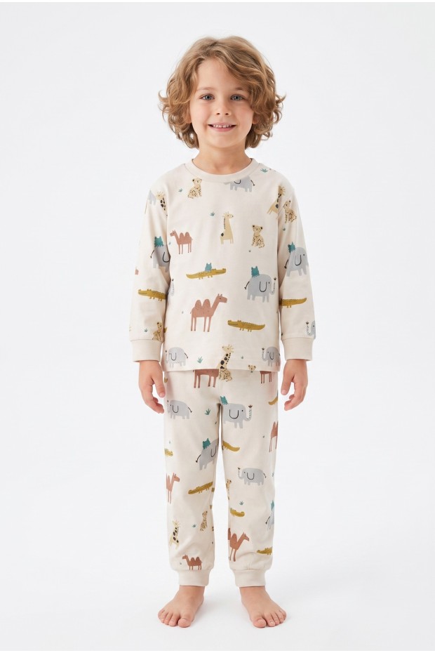 Erkek Çocuk Hayvan Baskılı %100 Pamuk Süprem Kumaş Reaktif Boyama Uzun Kollu Pijama Takımı