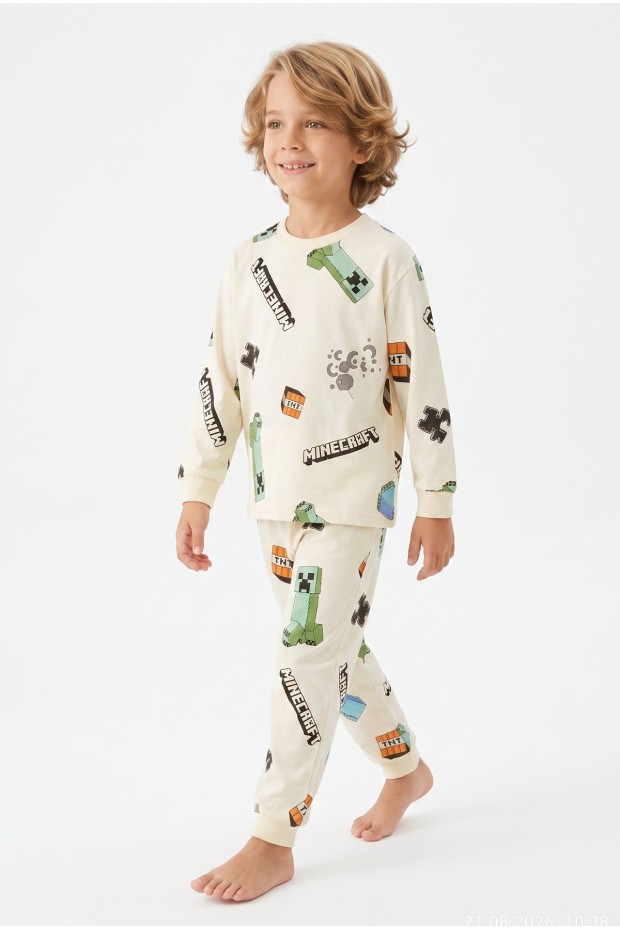 Erkek Çocuk Karakter Baskılı %100 Pamuk Süprem Kumaş Reaktif Boyama Uzun Kollu Pijama Takımı