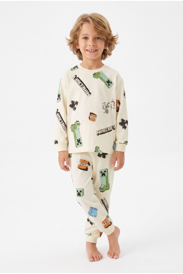 Erkek Çocuk Karakter Baskılı %100 Pamuk Süprem Kumaş Reaktif Boyama Uzun Kollu Pijama Takımı