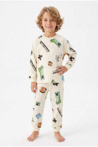 Erkek Çocuk Karakter Baskılı %100 Pamuk Süprem Kumaş Reaktif Boyama Uzun Kollu Pijama Takımı