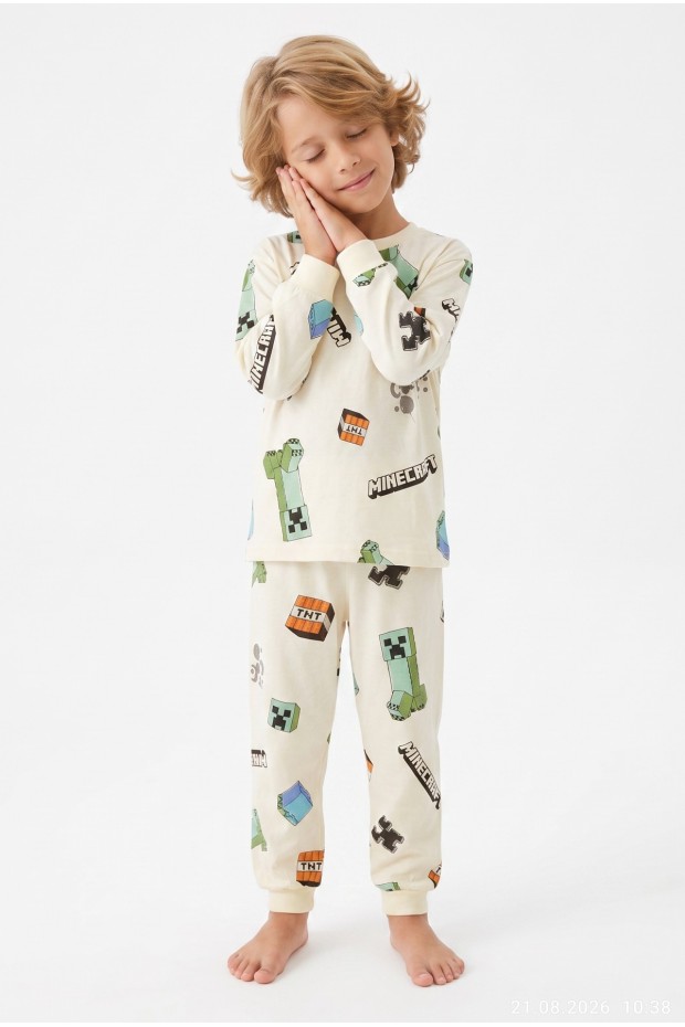Erkek Çocuk Karakter Baskılı %100 Pamuk Süprem Kumaş Reaktif Boyama Uzun Kollu Pijama Takımı