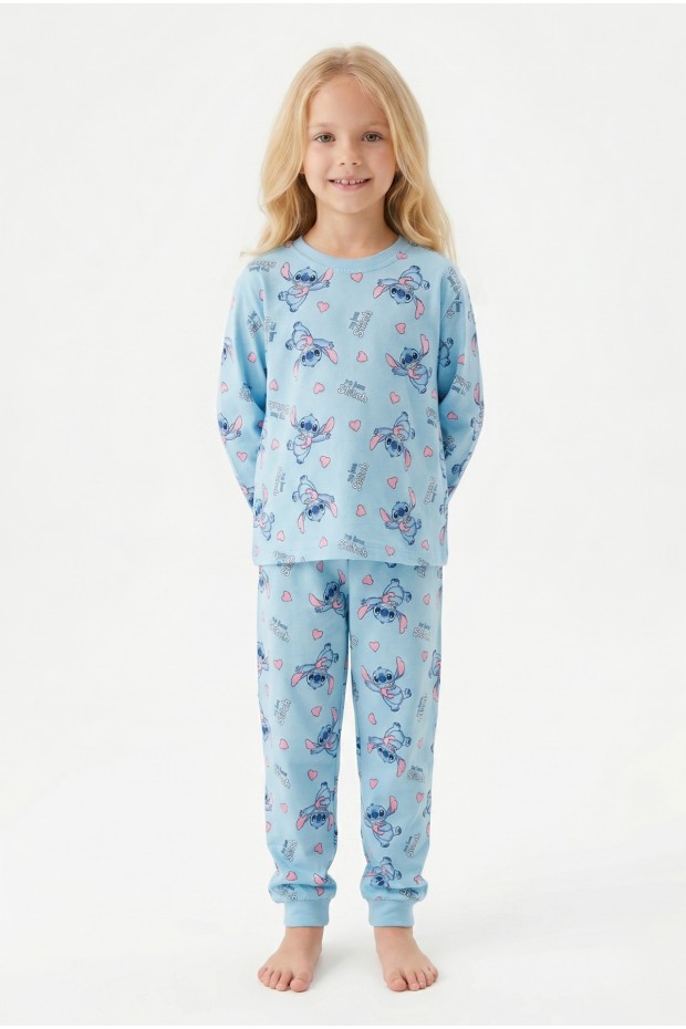 Kız Çocuk Karakter Baskılı %100 Pamuk Süprem Kumaş Reaktör Boyama Uzun Kollu Pijama Takımı 