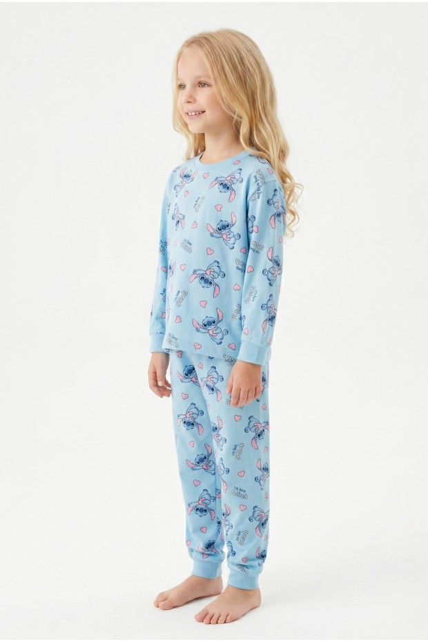 Kız Çocuk Karakter Baskılı %100 Pamuk Süprem Kumaş Reaktör Boyama Uzun Kollu Pijama Takımı 
