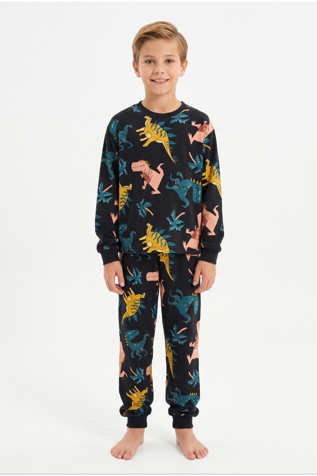 Erkek Çocuk Dinozor Desenli %100 Pamuk Reaktif Boyalı Süprem Kumaş Uzun Kollu Pijama Takımı