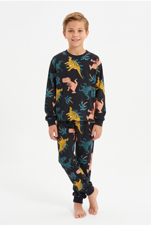 Erkek Çocuk Dinozor Desenli %100 Pamuk Reaktif Boyalı Süprem Kumaş Uzun Kollu Pijama Takımı