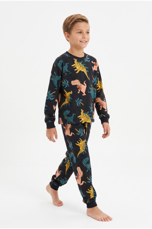 Erkek Çocuk Dinozor Desenli %100 Pamuk Reaktif Boyalı Süprem Kumaş Uzun Kollu Pijama Takımı