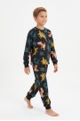 Erkek Çocuk Dinozor Desenli %100 Pamuk Reaktif Boyalı Süprem Kumaş Uzun Kollu Pijama Takımı