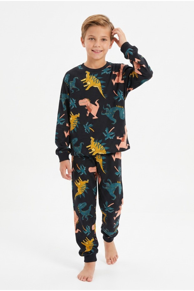 Erkek Çocuk Dinozor Desenli %100 Pamuk Reaktif Boyalı Süprem Kumaş Uzun Kollu Pijama Takımı