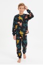 Erkek Çocuk Dinozor Desenli %100 Pamuk Reaktif Boyalı Süprem Kumaş Uzun Kollu Pijama Takımı