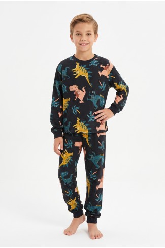 Erkek Çocuk Dinozor Desenli %100 Pamuk Reaktif Boyalı Süprem Kumaş Uzun Kollu Pijama Takımı