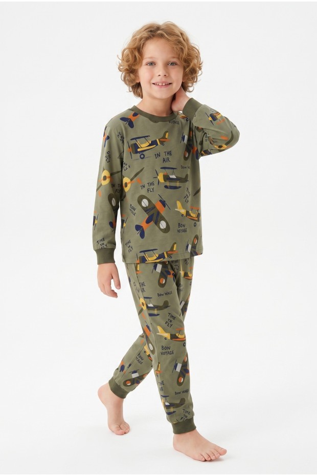 Erkek Çocuk Uçak Ve Yazı Baskılı %100 Pamuk Reaktif Boyalı Süprem Kumaş Uzun Kollu Pijama Takımı