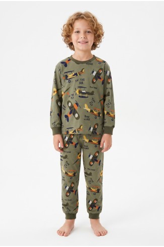 Erkek Çocuk Uçak Ve Yazı Baskılı %100 Pamuk Reaktif Boyalı Süprem Kumaş Uzun Kollu Pijama Takımı