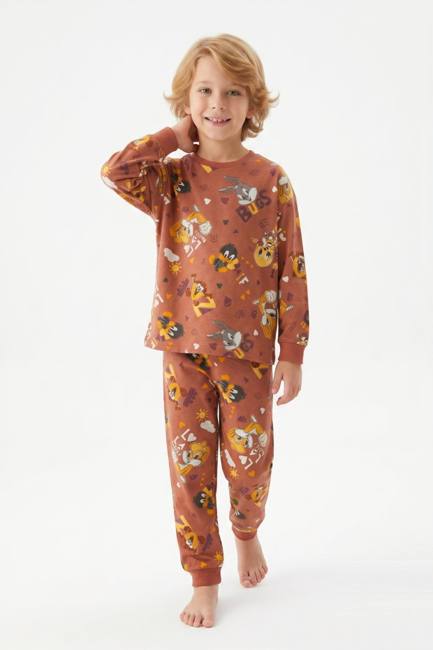Unisex Tavşan Ve Ördek Desenli %100 Pamuk Reaktif Boyalı Süprem Kumaş Uzun Kollu Pijama Takımı 