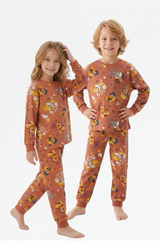 Unisex Tavşan Ve Ördek Desenli %100 Pamuk Reaktif Boyalı Süprem Kumaş Uzun Kollu Pijama Takımı 