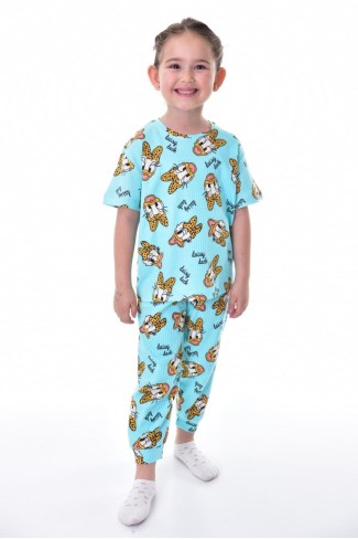Kız Çocuk Ördek Figürlü ve Leopar Fiyonk Desenli %100 Pamuk İnterlok Kumaş Kısa Kollu Pijama Takımı  