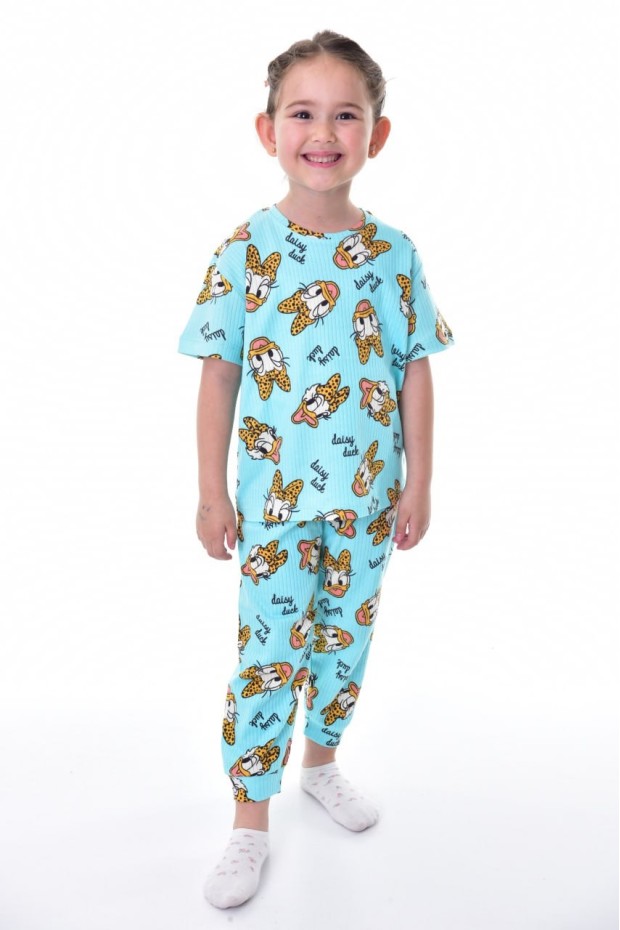 Kız Çocuk Ördek Figürlü ve Leopar Fiyonk Desenli %100 Pamuk İnterlok Kumaş Kısa Kollu Pijama Takımı  