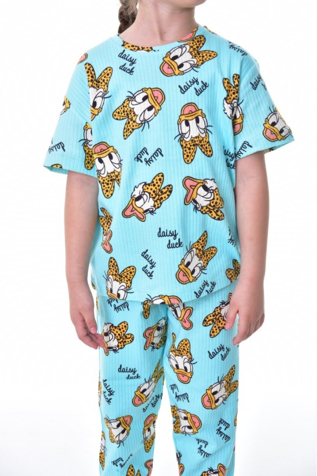 Kız Çocuk Ördek Figürlü ve Leopar Fiyonk Desenli %100 Pamuk İnterlok Kumaş Kısa Kollu Pijama Takımı  