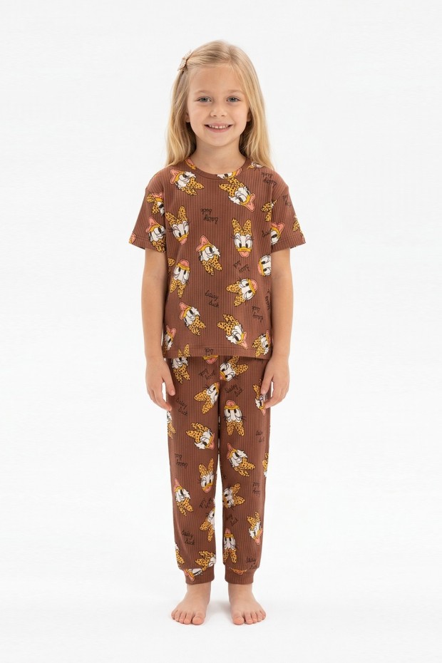 Kız Çocuk Ördek Figürlü ve Leopar Fiyonk Desenli %100 Pamuk İnterlok Kumaş Kısa Kollu Pijama Takımı   