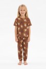 Kız Çocuk Ördek Figürlü ve Leopar Fiyonk Desenli %100 Pamuk İnterlok Kumaş Kısa Kollu Pijama Takımı   