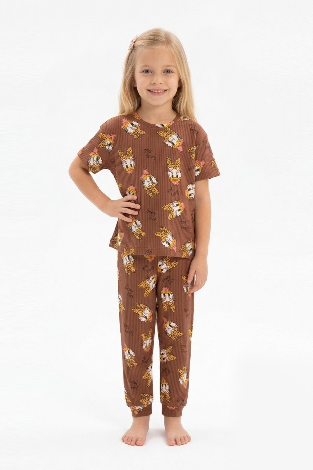Kız Çocuk Ördek Figürlü ve Leopar Fiyonk Desenli %100 Pamuk İnterlok Kumaş Kısa Kollu Pijama Takımı   