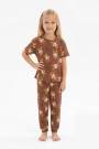 Kız Çocuk Ördek Figürlü ve Leopar Fiyonk Desenli %100 Pamuk İnterlok Kumaş Kısa Kollu Pijama Takımı   
