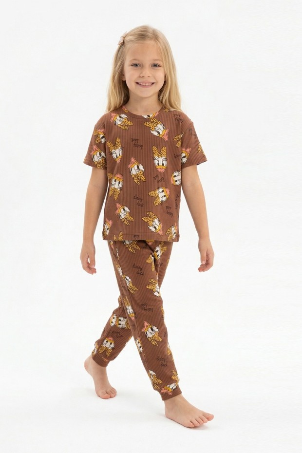 Kız Çocuk Ördek Figürlü ve Leopar Fiyonk Desenli %100 Pamuk İnterlok Kumaş Kısa Kollu Pijama Takımı   