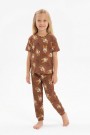 Kız Çocuk Ördek Figürlü ve Leopar Fiyonk Desenli %100 Pamuk İnterlok Kumaş Kısa Kollu Pijama Takımı   
