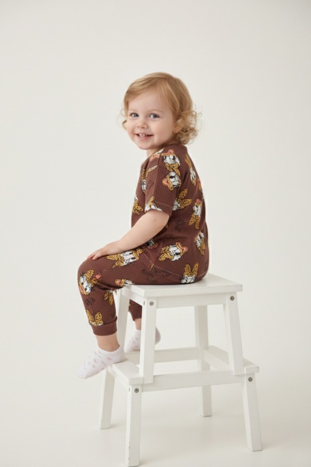 Bebek  Ördek Figürlü ve Leopar Fiyonk Desenli %100 Pamuk İnterlok Kumaş Kısa Kollu Pijama Takımı 